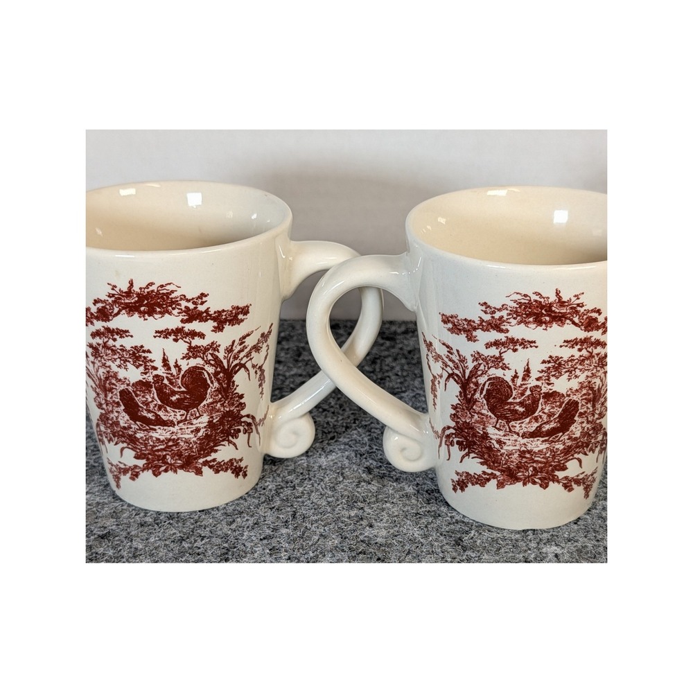 California Pantry Red Toile Rooster Coffee Mugs Set of 2 12oz Farmhouse Ceramic